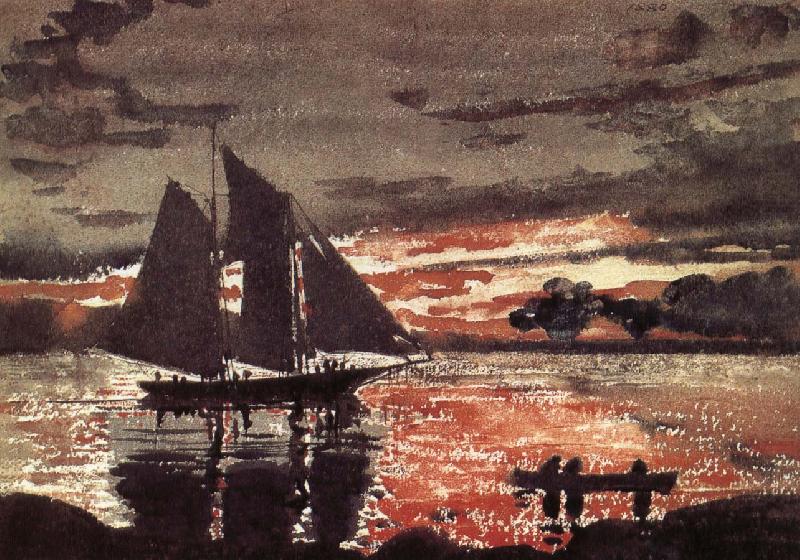 Fiery red sunset scene, Winslow Homer